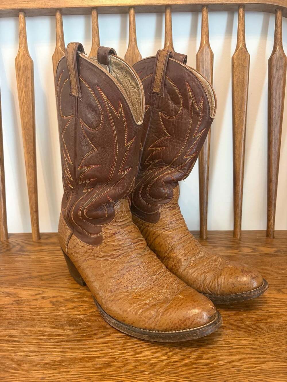 Vtg Brahma Handcrafted Western Cowboy Boots Tan Exotic Leather Size approx 10